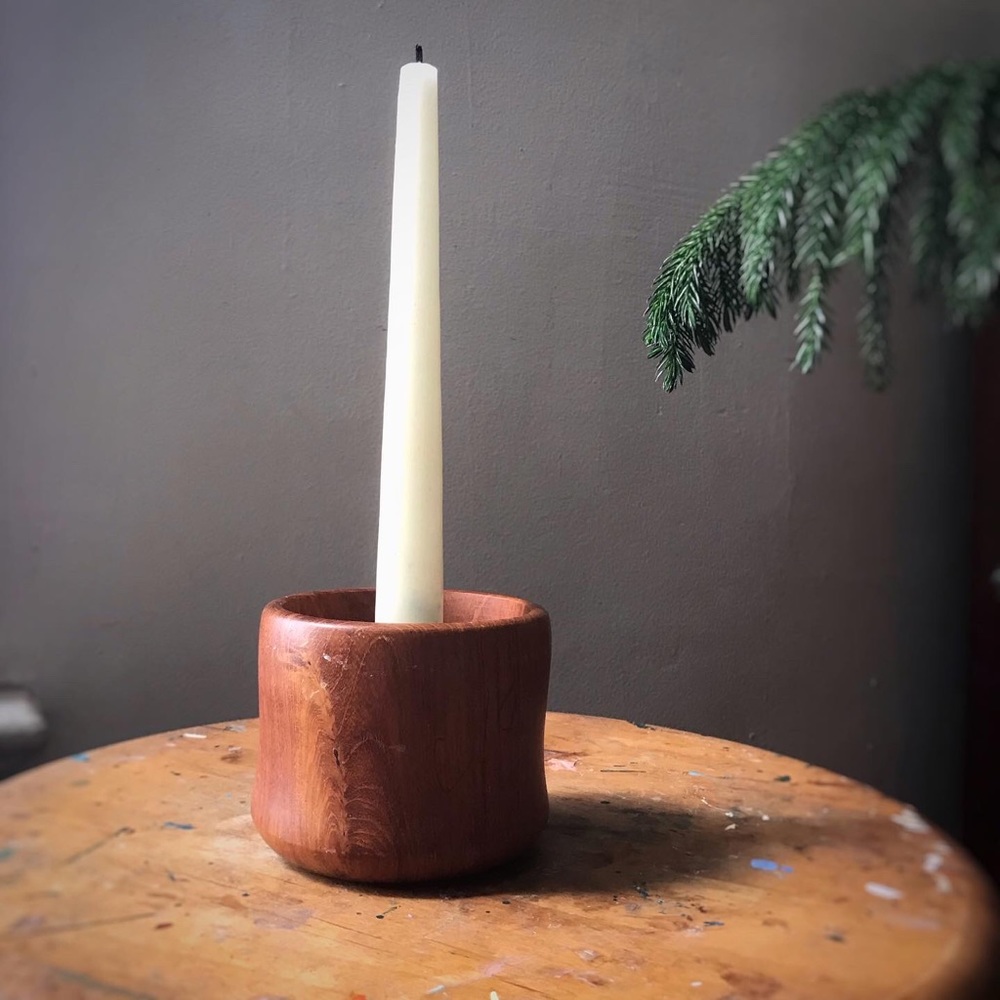 Vintage Teakwood and Brass Candle Holder